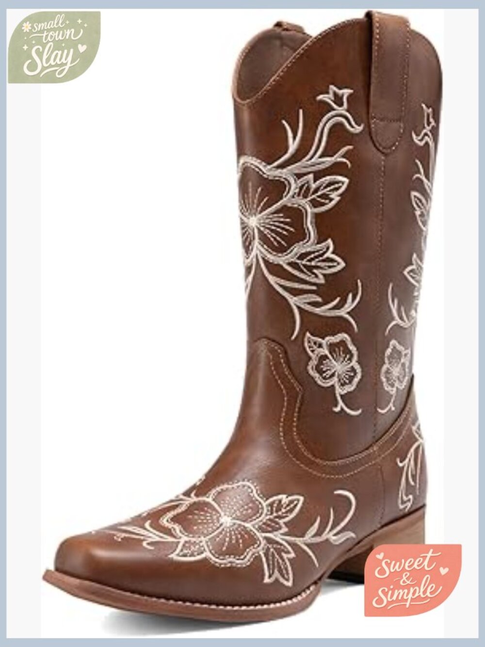 Embroidered Square Toe Mid Calf Western Cowboy Boots with Low Heel